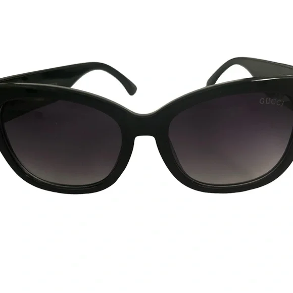 Black Semi Cat Eye Sunglasses with Purple Lenses - Rhinestones & Gold Emblems - Picture 3 of 10